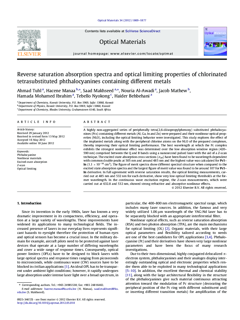 Reverse saturation absorption spectra and optical limiting properties of chlorinated tetrasubstituted phthalocyanines containing different metals