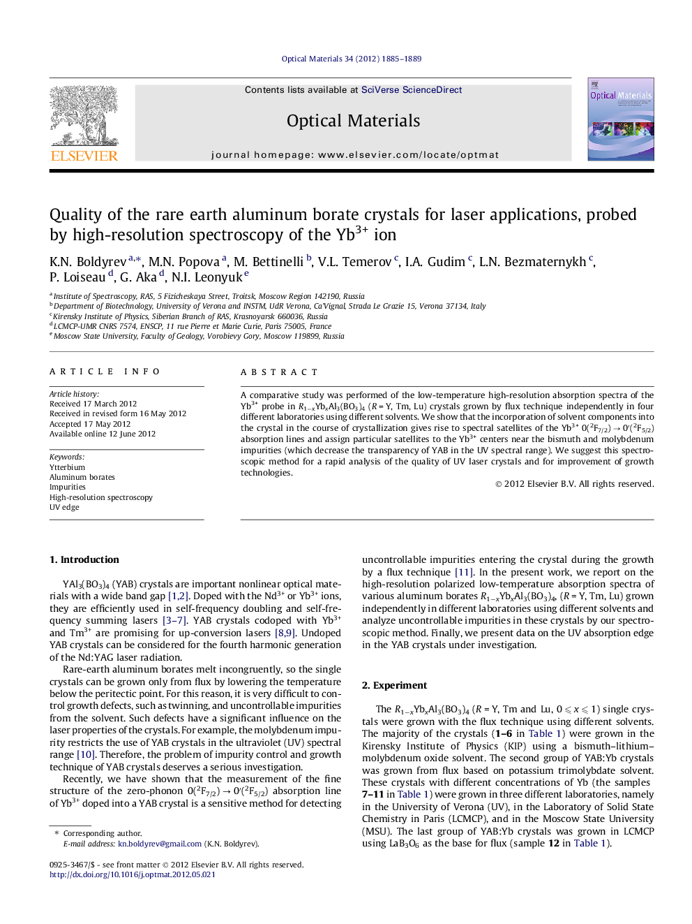 Quality of the rare earth aluminum borate crystals for laser applications, probed by high-resolution spectroscopy of the Yb3+ ion