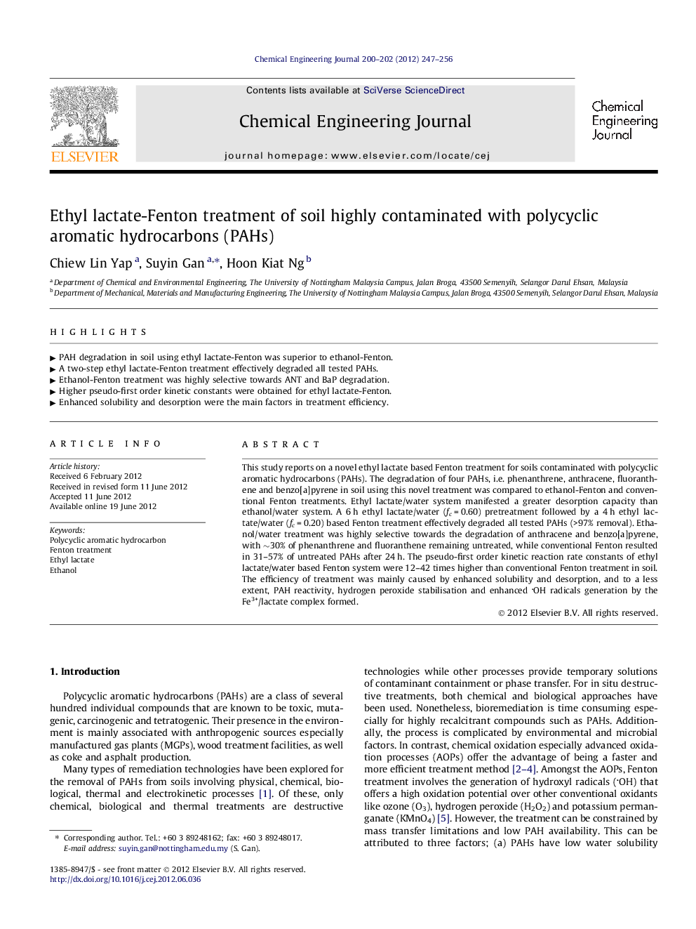 عکس صفحه اول مقاله: Ethyl lactate-Fenton treatment of soil highly contaminated with polycyclic aromatic hydrocarbons (PAHs) Ethyl lactate-Fenton treatment of soil highly contaminated with polycyclic aromatic hydrocarbons (PAHs)