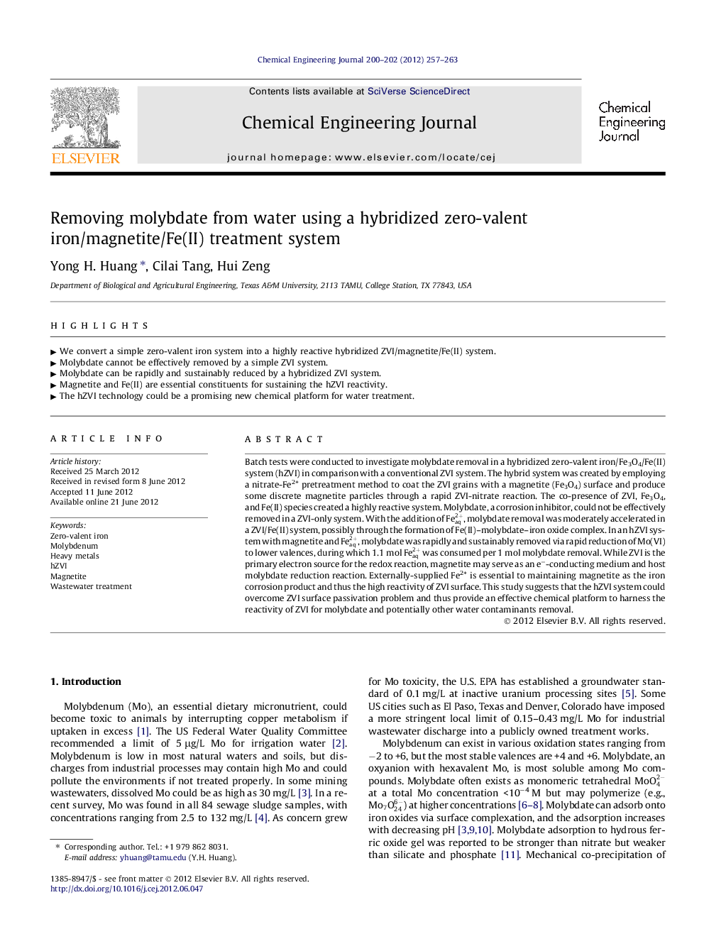 Removing molybdate from water using a hybridized zero-valent iron/magnetite/Fe(II) treatment system