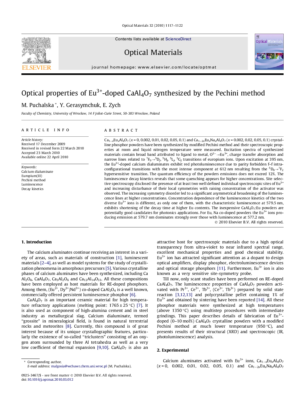 Optical properties of Eu3+-doped CaAl4O7 synthesized by the Pechini method