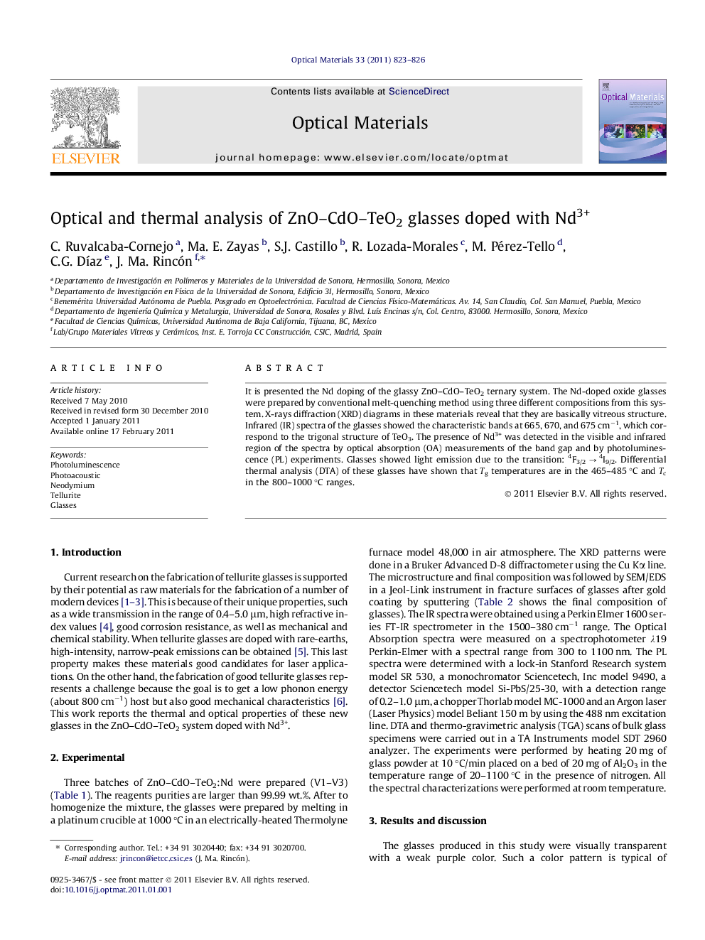 Optical and thermal analysis of ZnO–CdO–TeO2 glasses doped with Nd3+