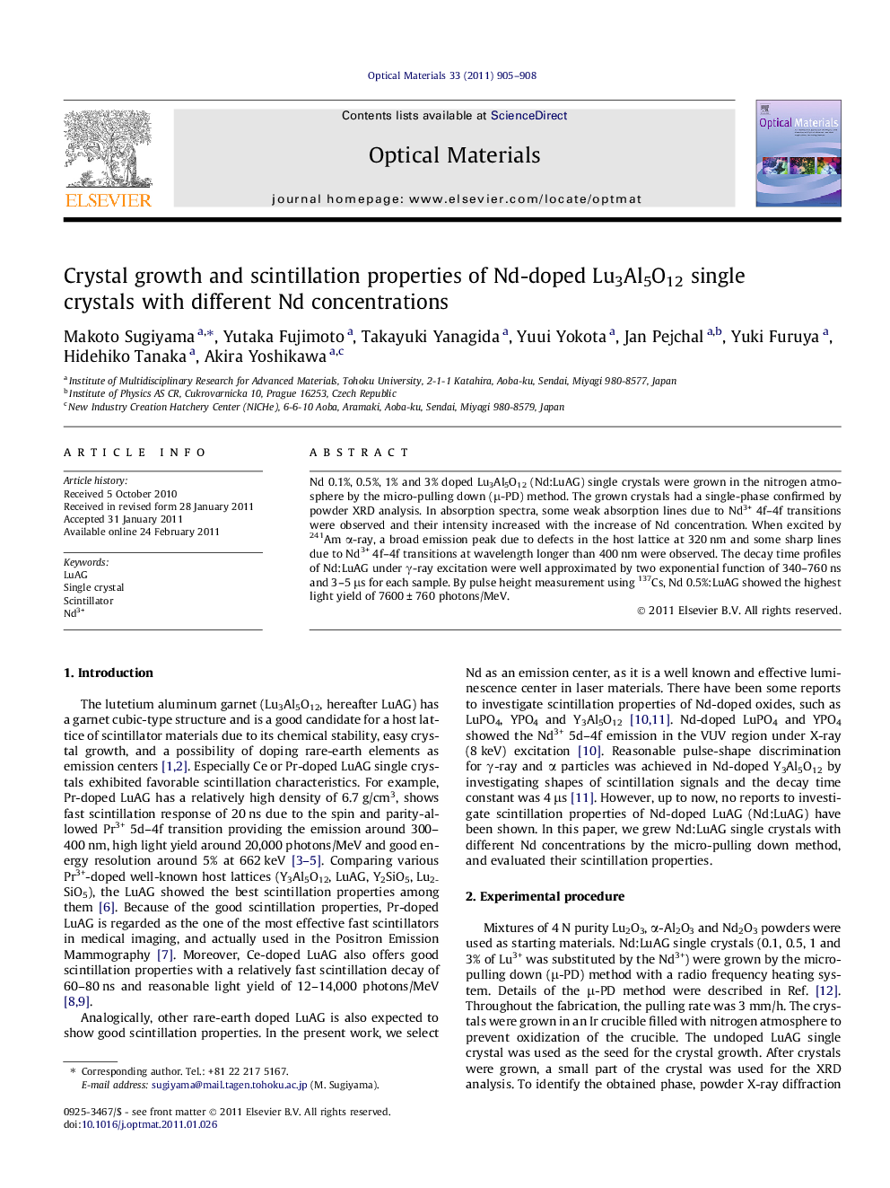 عکس صفحه اول مقاله: Crystal growth and scintillation properties of Nd-doped Lu3Al5O12 single crystals with different Nd concentrations Crystal growth and scintillation properties of Nd-doped Lu3Al5O12 single crystals with different Nd concentrations