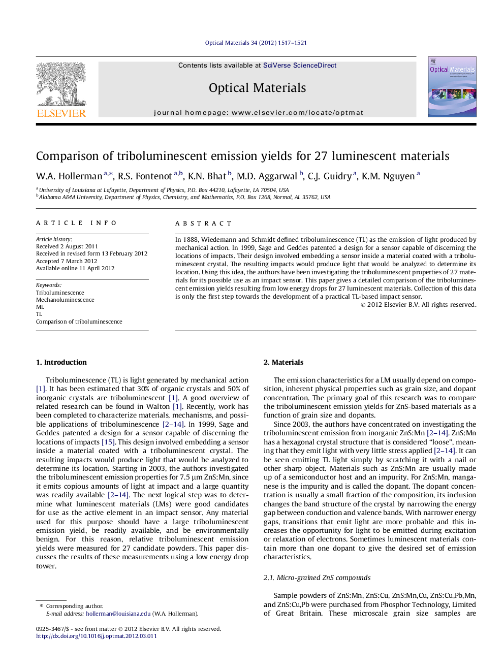 Comparison of triboluminescent emission yields for 27 luminescent materials