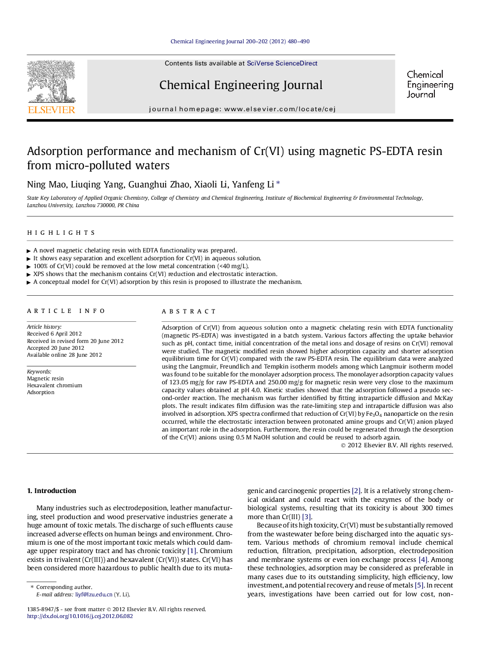 Adsorption performance and mechanism of Cr(VI) using magnetic PS-EDTA resin from micro-polluted waters