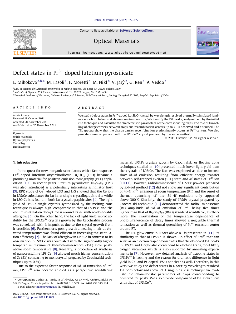 Defect states in Pr3+ doped lutetium pyrosilicate