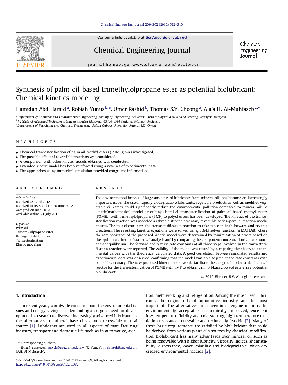 Synthesis of palm oil-based trimethylolpropane ester as potential biolubricant: Chemical kinetics modeling