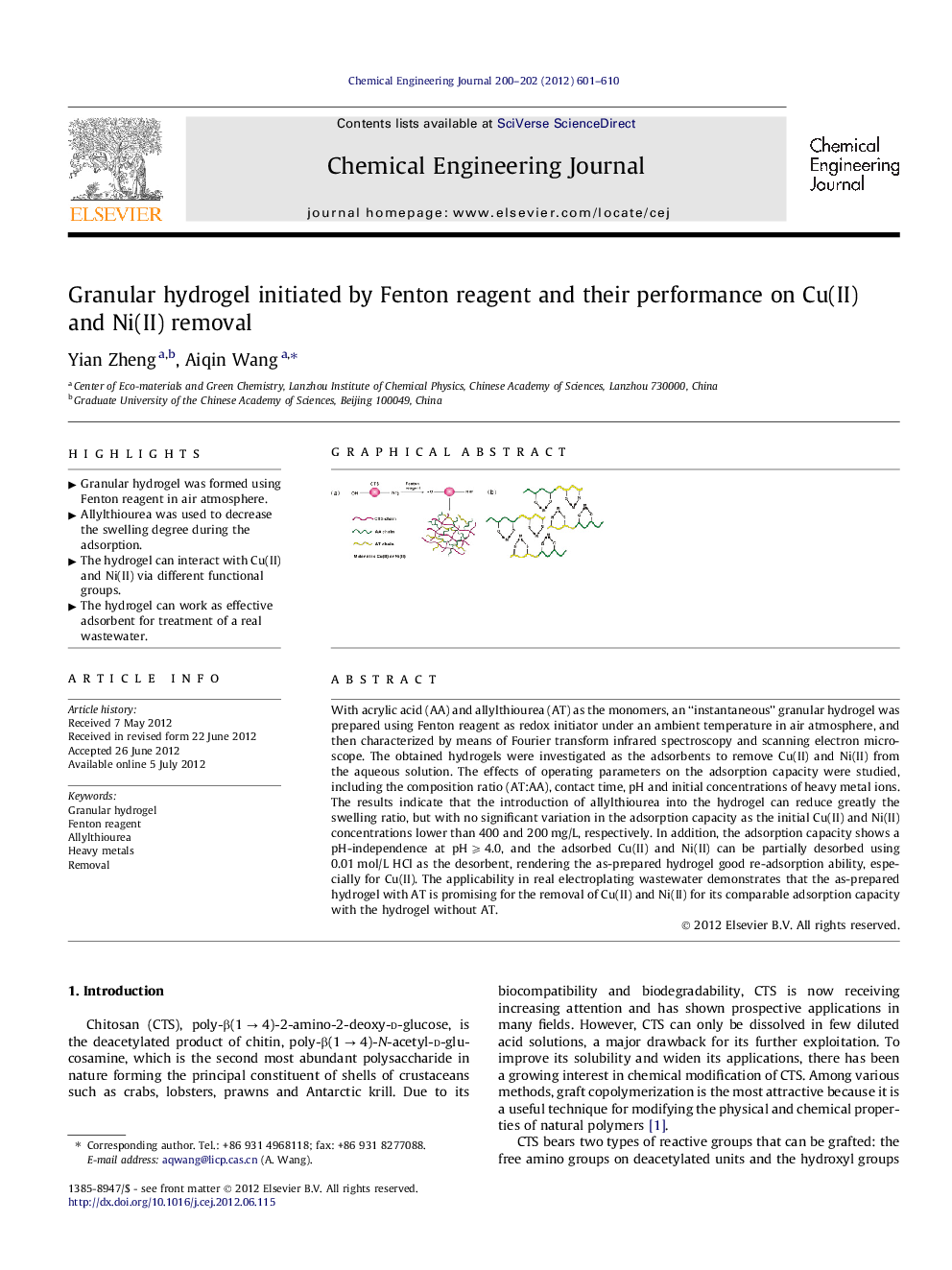 Granular hydrogel initiated by Fenton reagent and their performance on Cu(II) and Ni(II) removal