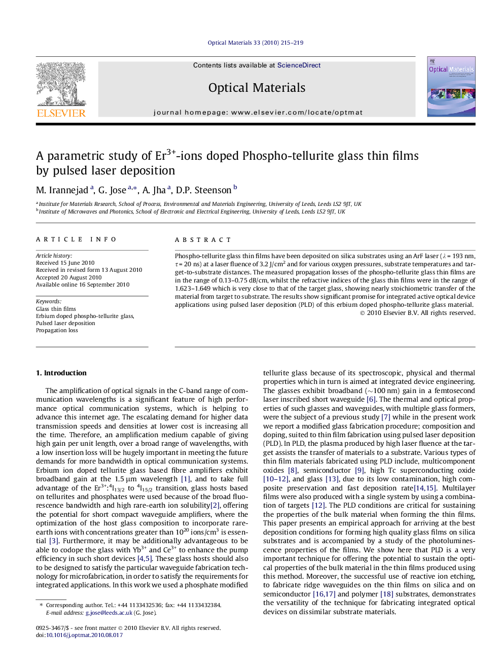 عکس صفحه اول مقاله: A parametric study of Er3+-ions doped Phospho-tellurite glass thin films by pulsed laser deposition A parametric study of Er3+-ions doped Phospho-tellurite glass thin films by pulsed laser deposition