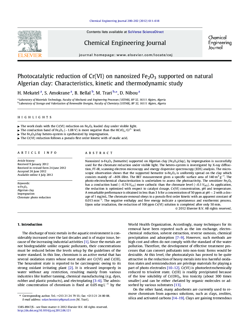 Photocatalytic reduction of Cr(VI) on nanosized Fe2O3 supported on natural Algerian clay: Characteristics, kinetic and thermodynamic study