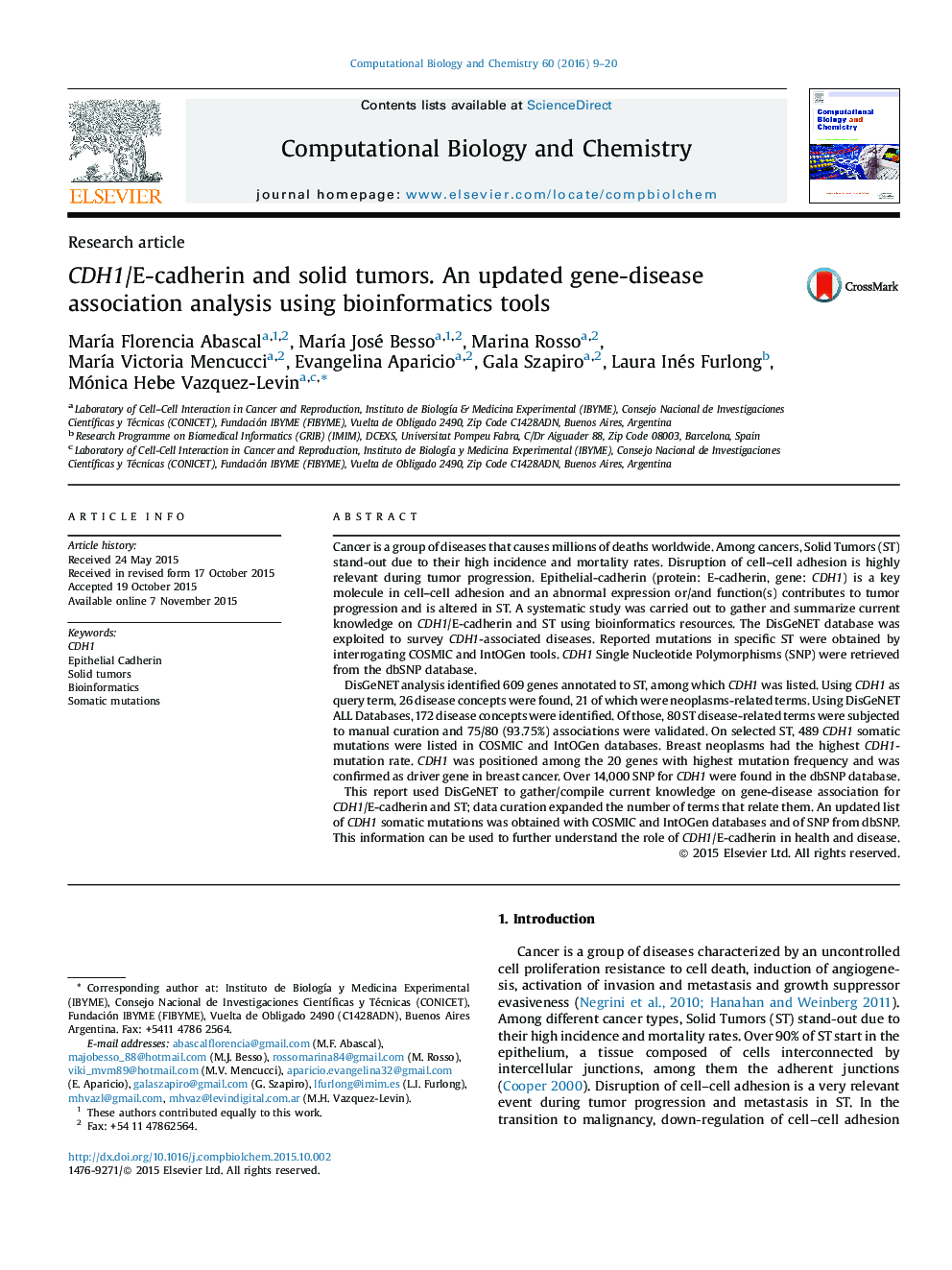 CDH1/E-cadherin and solid tumors. An updated gene-disease association analysis using bioinformatics tools