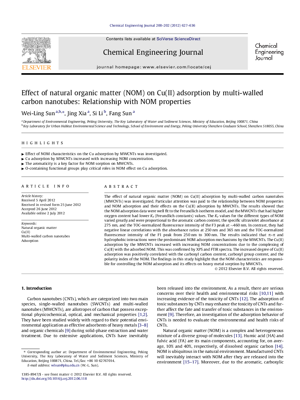 Effect of natural organic matter (NOM) on Cu(II) adsorption by multi-walled carbon nanotubes: Relationship with NOM properties