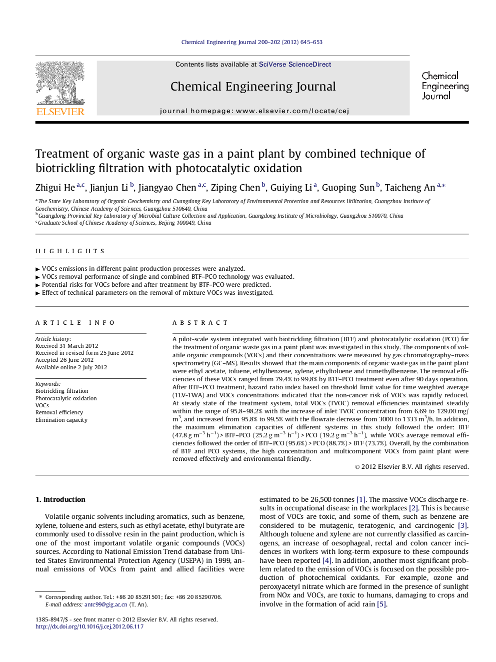 Treatment of organic waste gas in a paint plant by combined technique of biotrickling filtration with photocatalytic oxidation