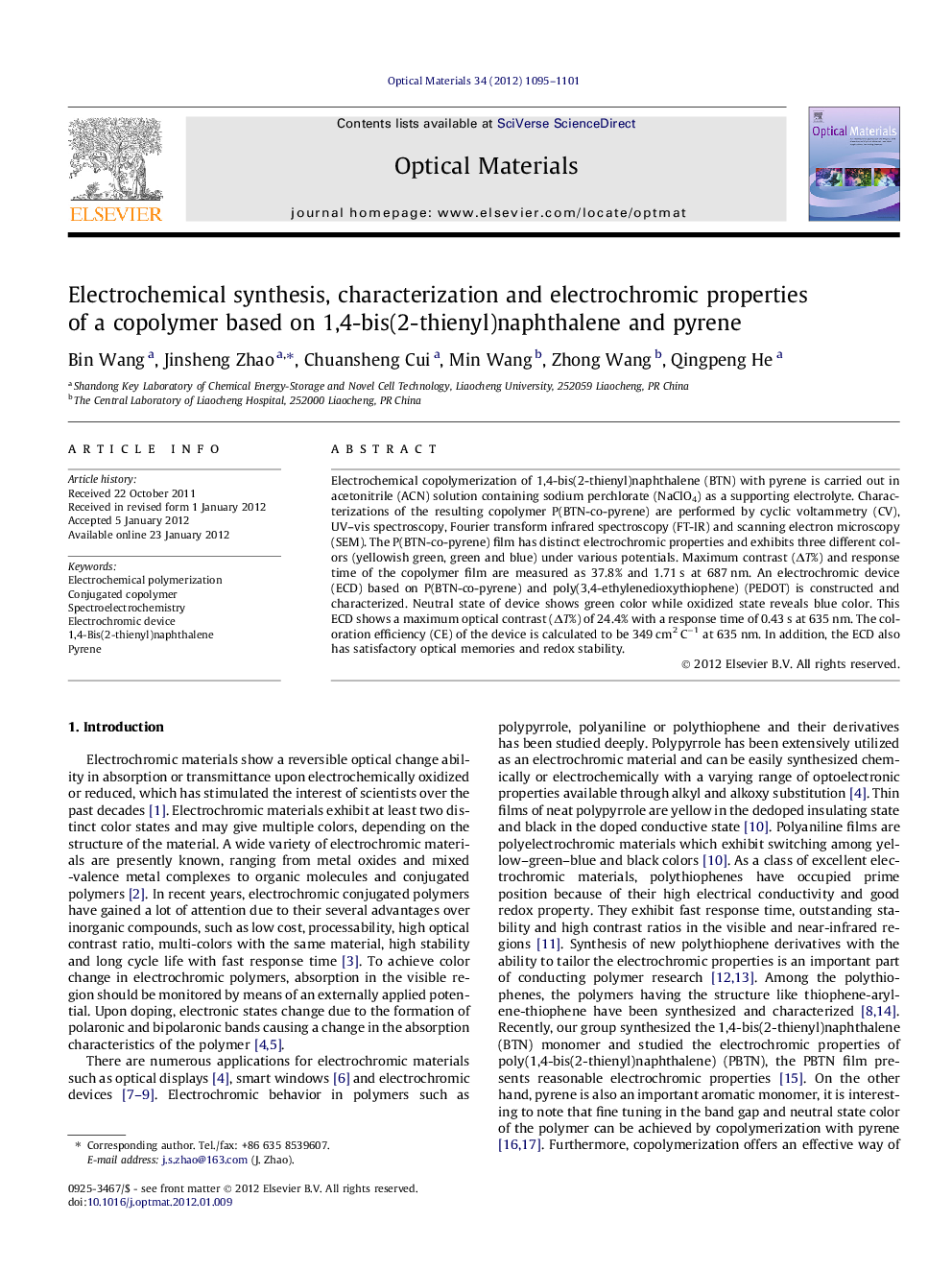 Electrochemical synthesis, characterization and electrochromic properties of a copolymer based on 1,4-bis(2-thienyl)naphthalene and pyrene