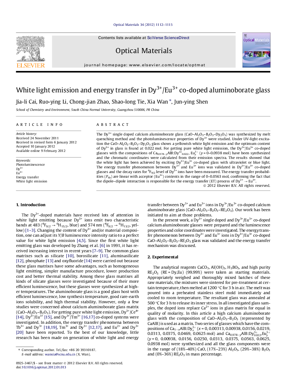 White light emission and energy transfer in Dy3+/Eu3+ co-doped aluminoborate glass