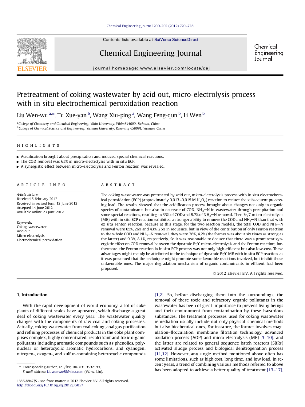 Pretreatment of coking wastewater by acid out, micro-electrolysis process with in situ electrochemical peroxidation reaction