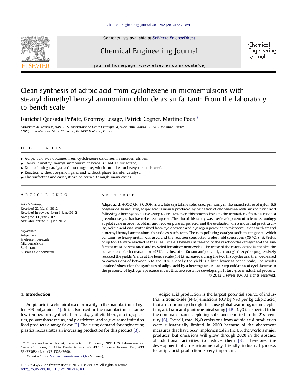 Clean synthesis of adipic acid from cyclohexene in microemulsions with stearyl dimethyl benzyl ammonium chloride as surfactant: From the laboratory to bench scale