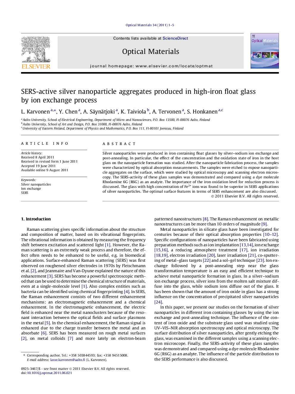 عکس صفحه اول مقاله: SERS-active silver nanoparticle aggregates produced in high-iron float glass by ion exchange process SERS-active silver nanoparticle aggregates produced in high-iron float glass by ion exchange process