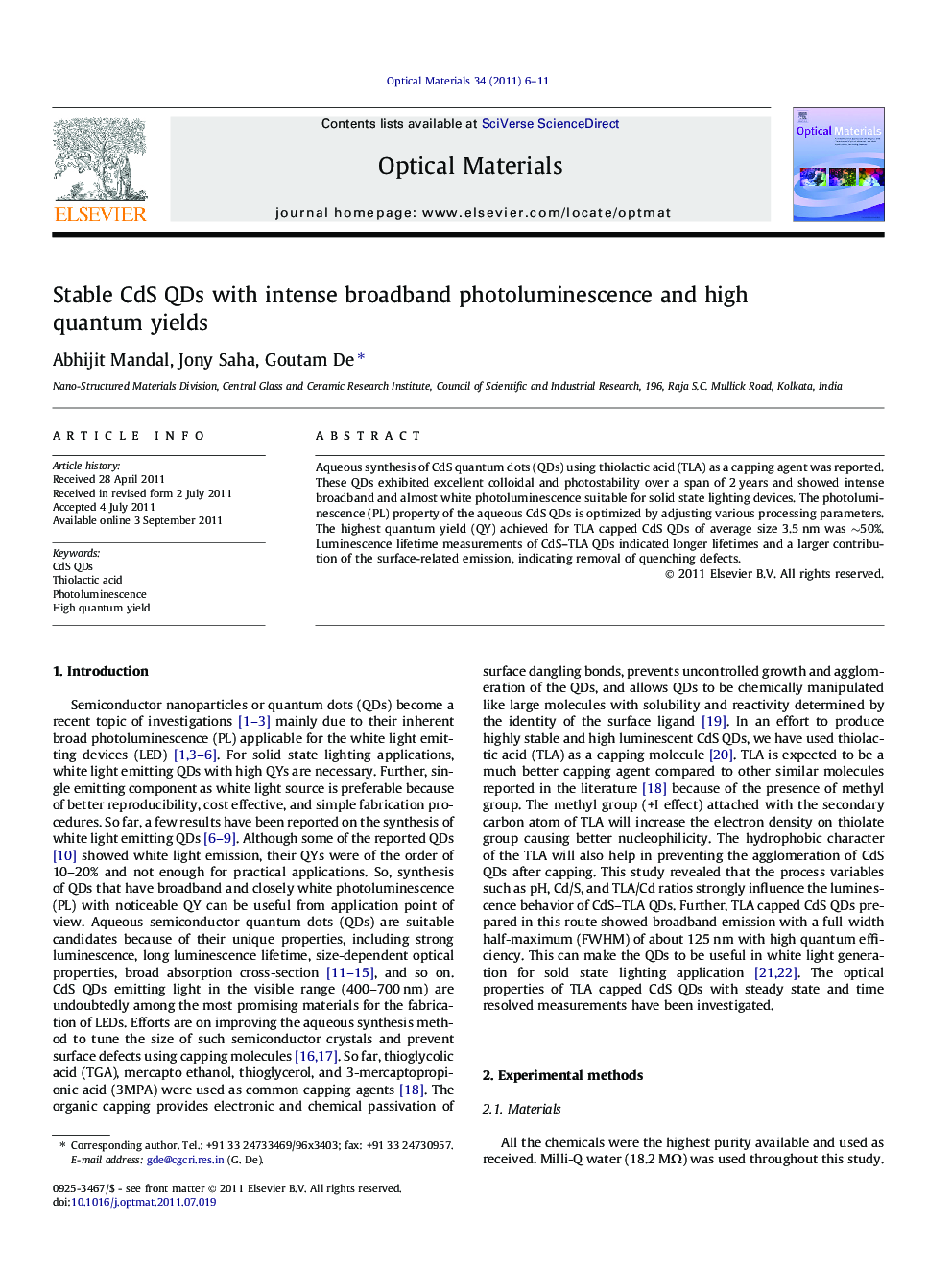 Stable CdS QDs with intense broadband photoluminescence and high quantum yields