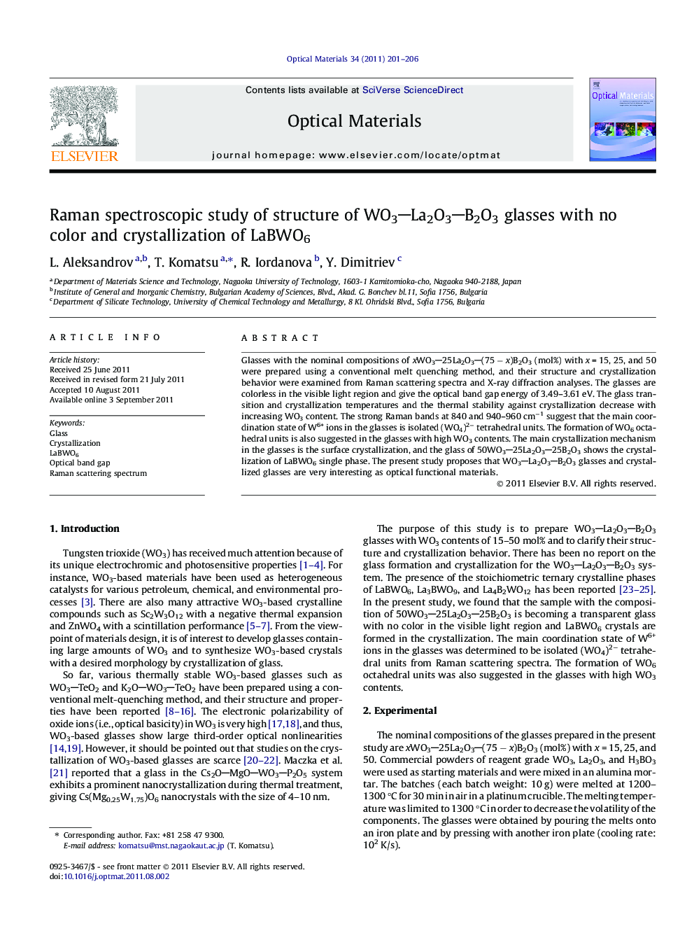 Raman spectroscopic study of structure of WO3La2O3B2O3 glasses with no color and crystallization of LaBWO6