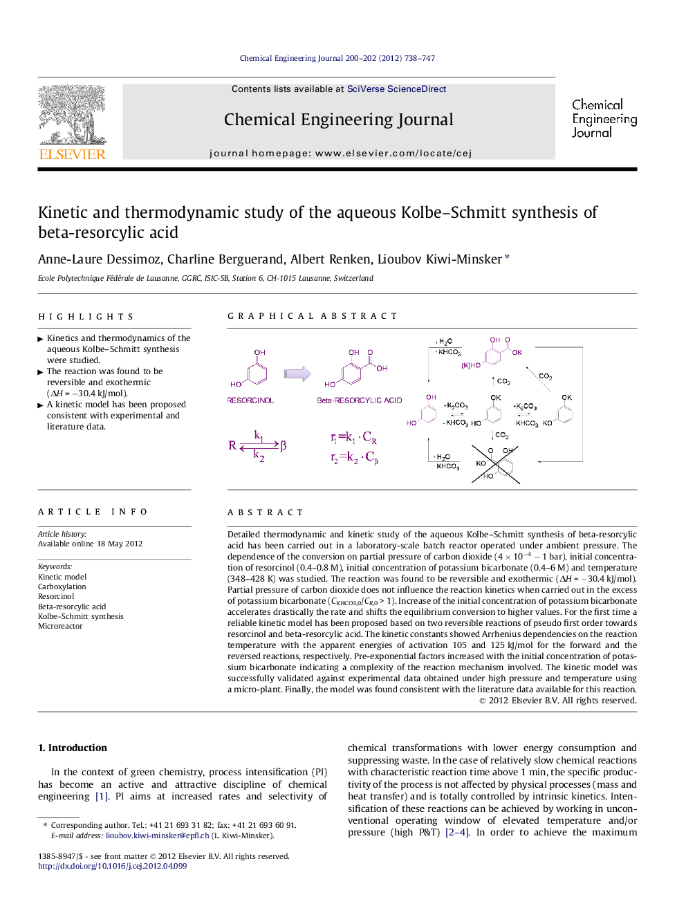 Kinetic and thermodynamic study of the aqueous Kolbe–Schmitt synthesis of beta-resorcylic acid