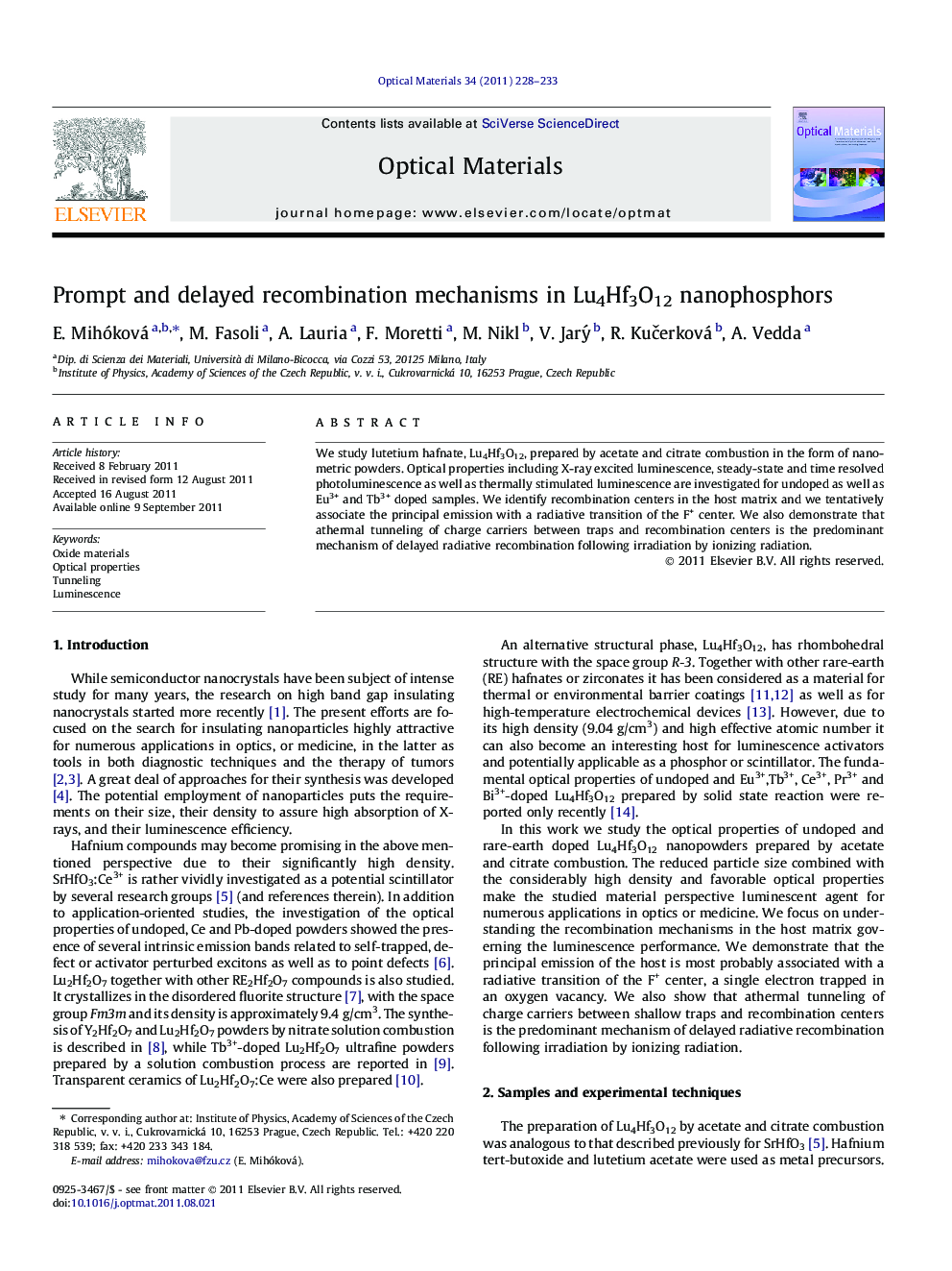 عکس صفحه اول مقاله: Prompt and delayed recombination mechanisms in Lu4Hf3O12 nanophosphors Prompt and delayed recombination mechanisms in Lu4Hf3O12 nanophosphors