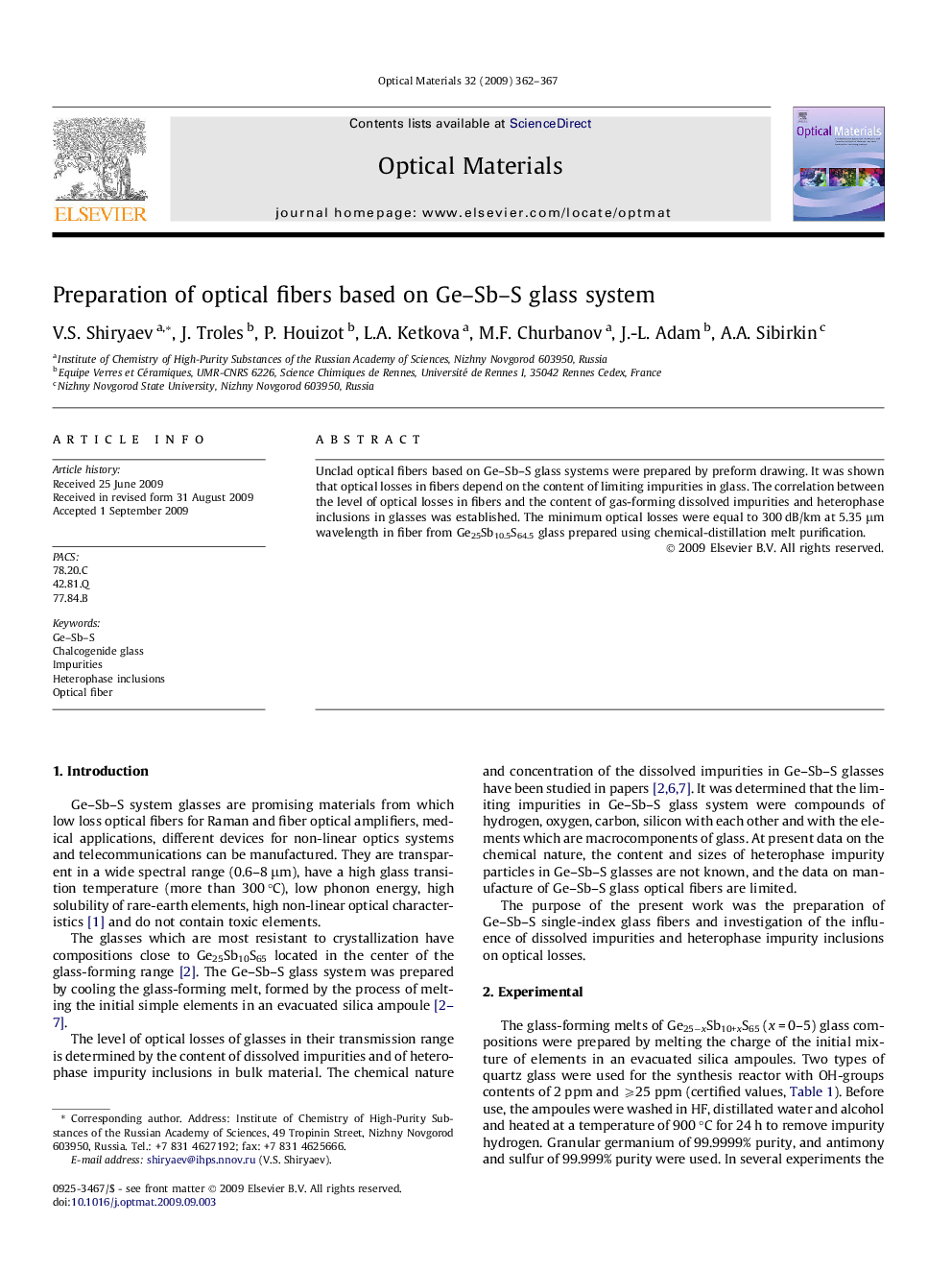 Preparation of optical fibers based on Ge–Sb–S glass system