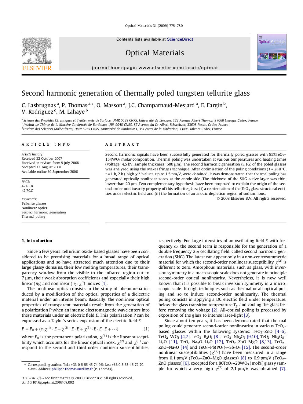 Second harmonic generation of thermally poled tungsten tellurite glass