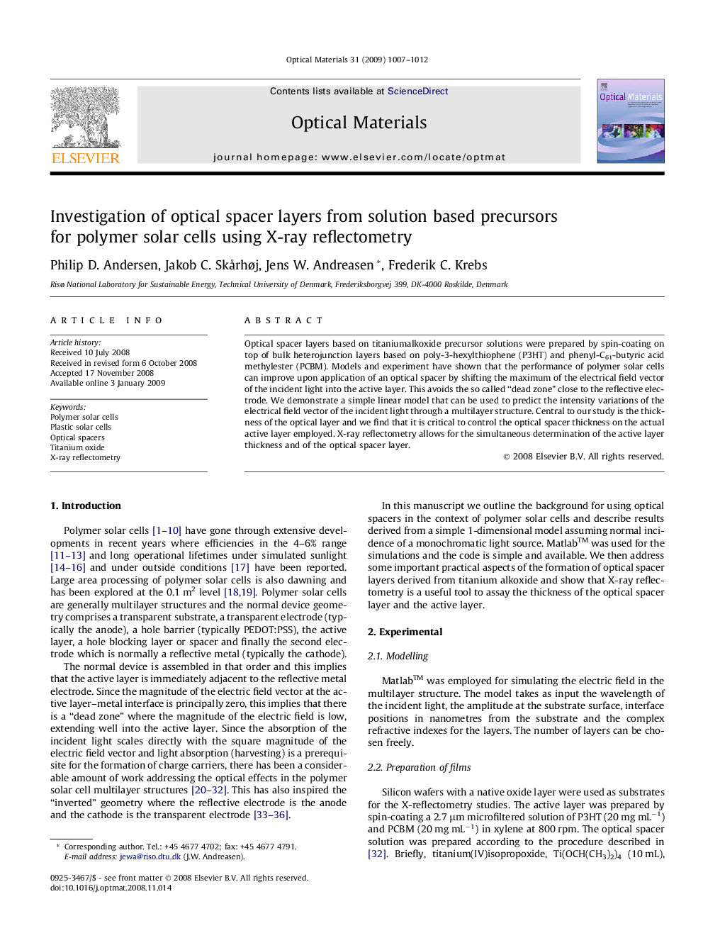 Investigation of optical spacer layers from solution based precursors for polymer solar cells using X-ray reflectometry