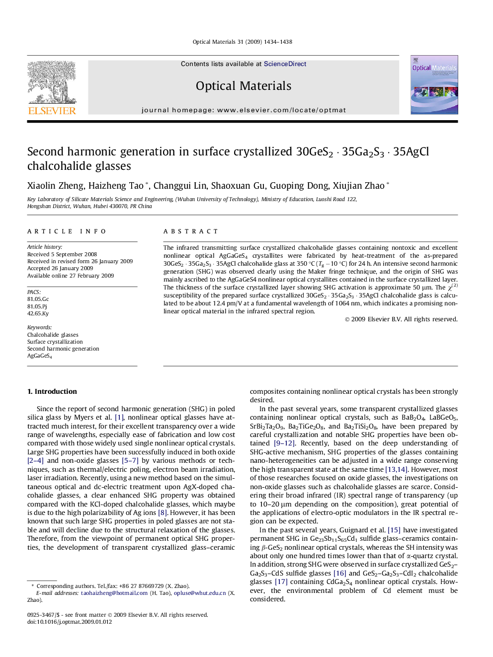 Second harmonic generation in surface crystallized 30GeS2Â Â·Â 35Ga2S3Â Â·Â 35AgCl chalcohalide glasses