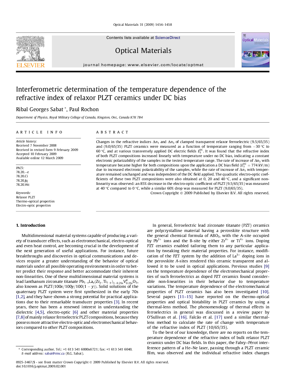 Interferometric determination of the temperature dependence of the refractive index of relaxor PLZT ceramics under DC bias