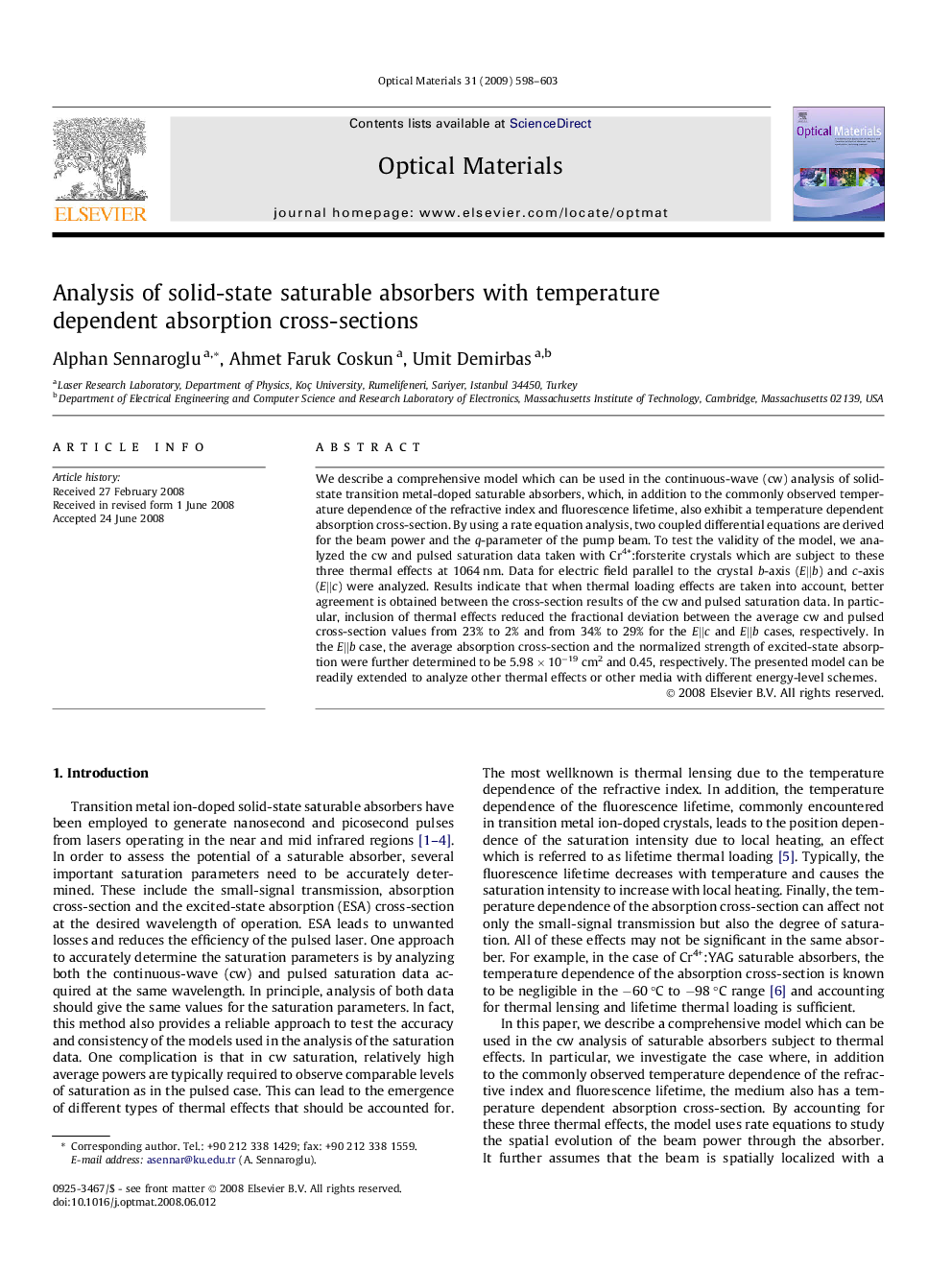 عکس صفحه اول مقاله: Analysis of solid-state saturable absorbers with temperature dependent absorption cross-sections Analysis of solid-state saturable absorbers with temperature dependent absorption cross-sections