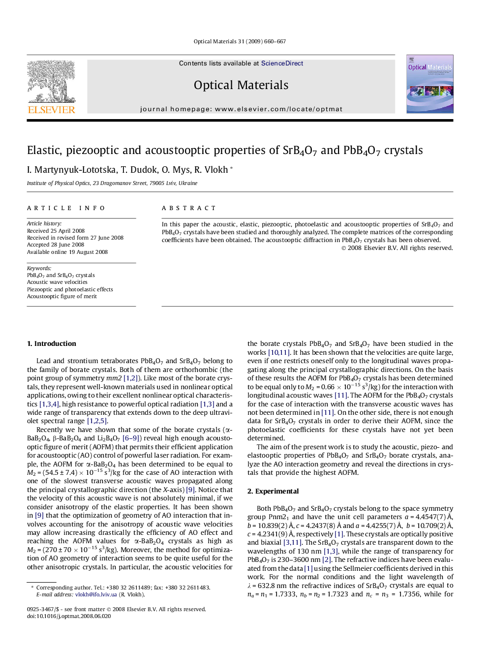 عکس صفحه اول مقاله: Elastic, piezooptic and acoustooptic properties of SrB4O7 and PbB4O7 crystals Elastic, piezooptic and acoustooptic properties of SrB4O7 and PbB4O7 crystals