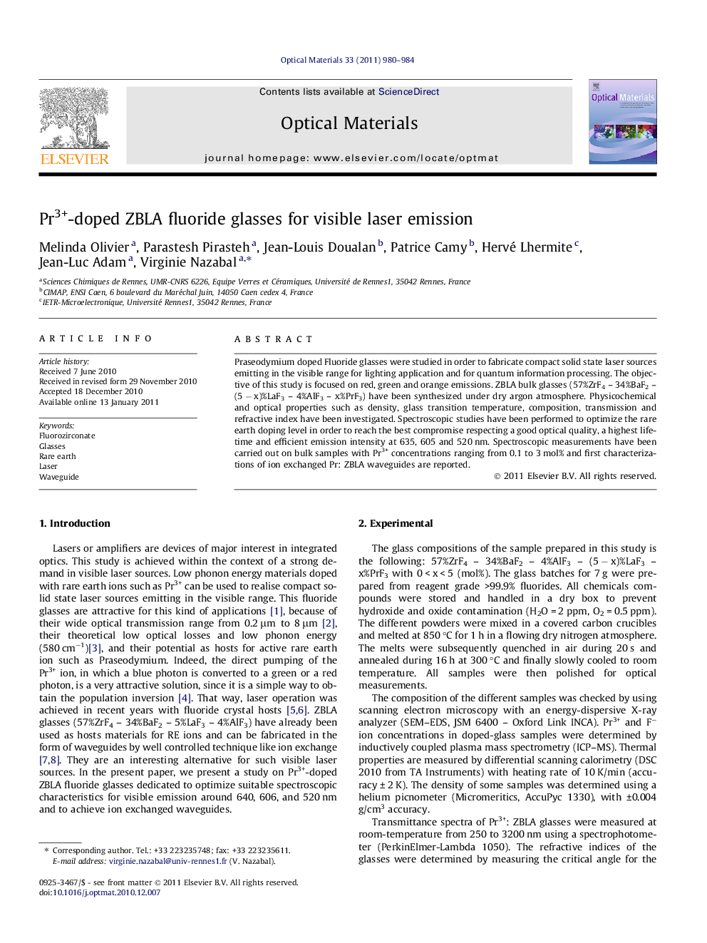 Pr3+-doped ZBLA fluoride glasses for visible laser emission