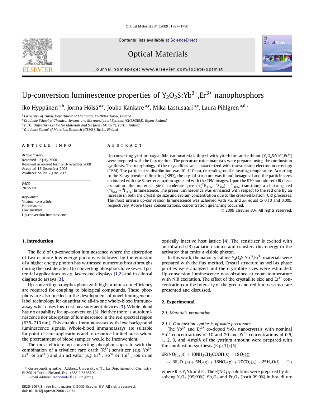 عکس صفحه اول مقاله: Up-conversion luminescence properties of Y2O2S:Yb3+,Er3+ nanophosphors Up-conversion luminescence properties of Y2O2S:Yb3+,Er3+ nanophosphors