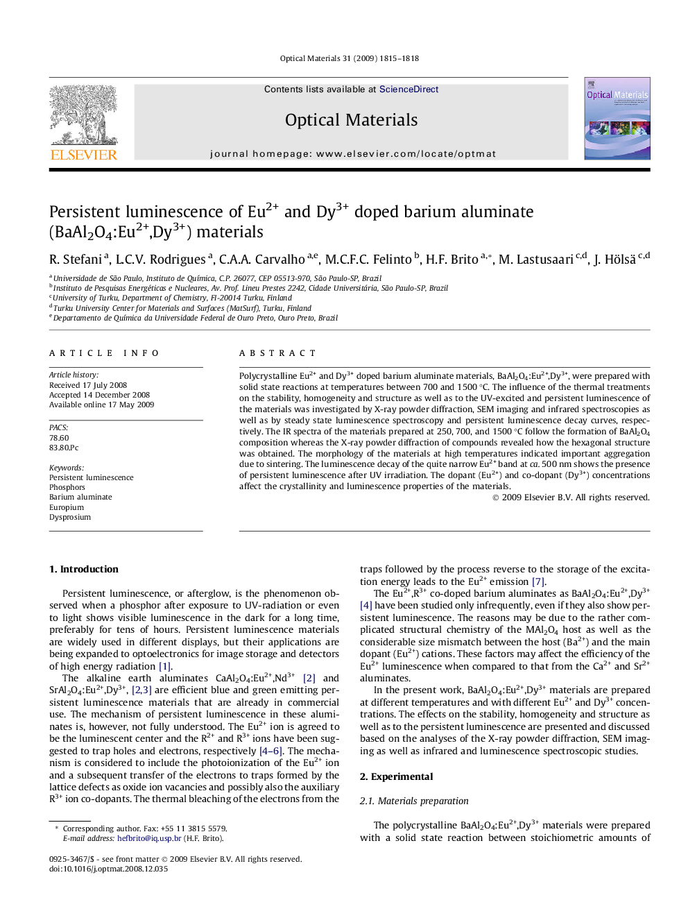 Persistent luminescence of Eu2+ and Dy3+ doped barium aluminate (BaAl2O4:Eu2+,Dy3+) materials