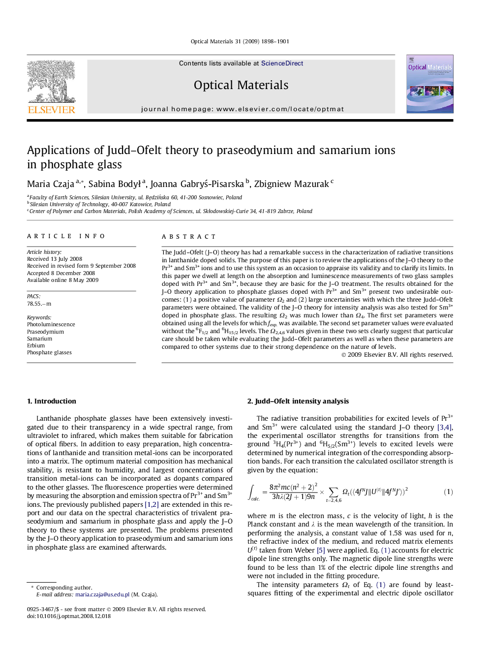 Applications of Judd–Ofelt theory to praseodymium and samarium ions in phosphate glass