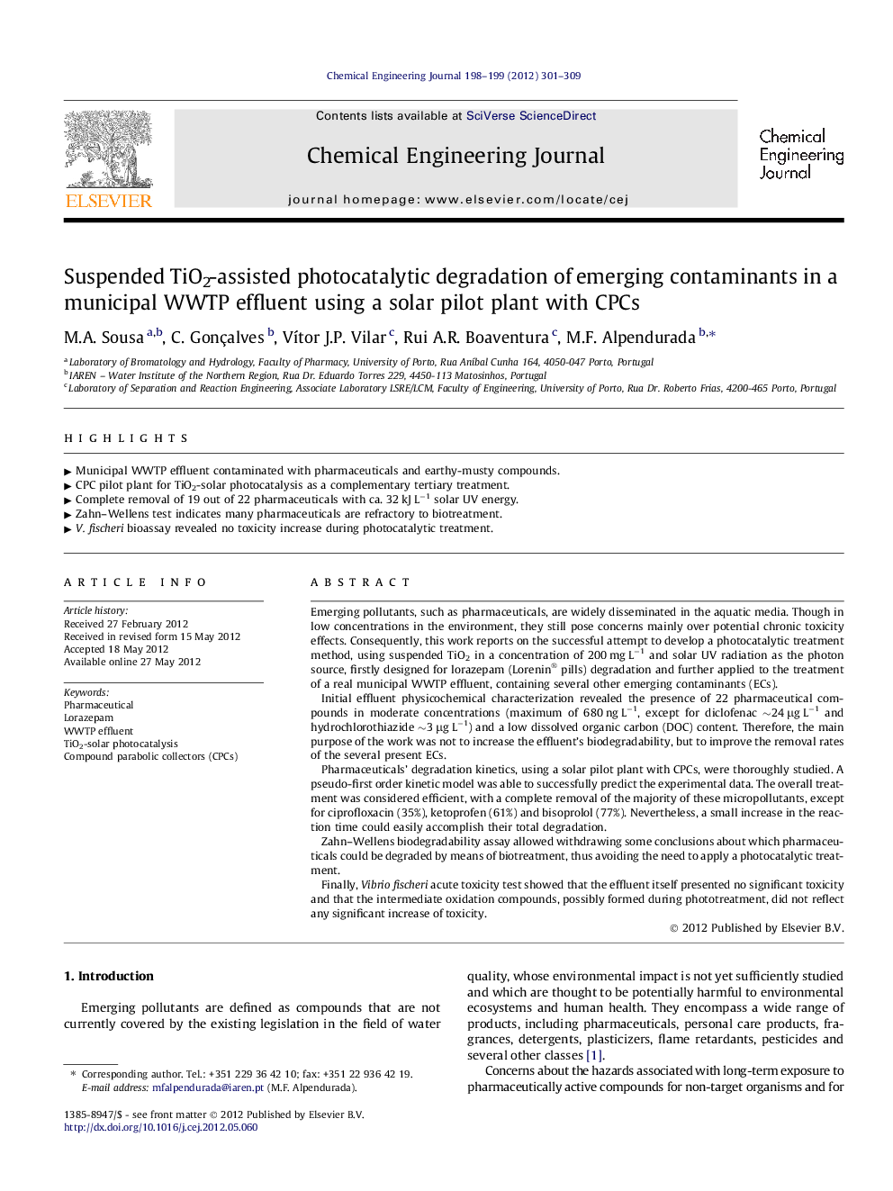 عکس صفحه اول مقاله: Suspended TiO2-assisted photocatalytic degradation of emerging contaminants in a municipal WWTP effluent using a solar pilot plant with CPCs Suspended TiO2-assisted photocatalytic degradation of emerging contaminants in a municipal WWTP effluent using a solar pilot plant with CPCs