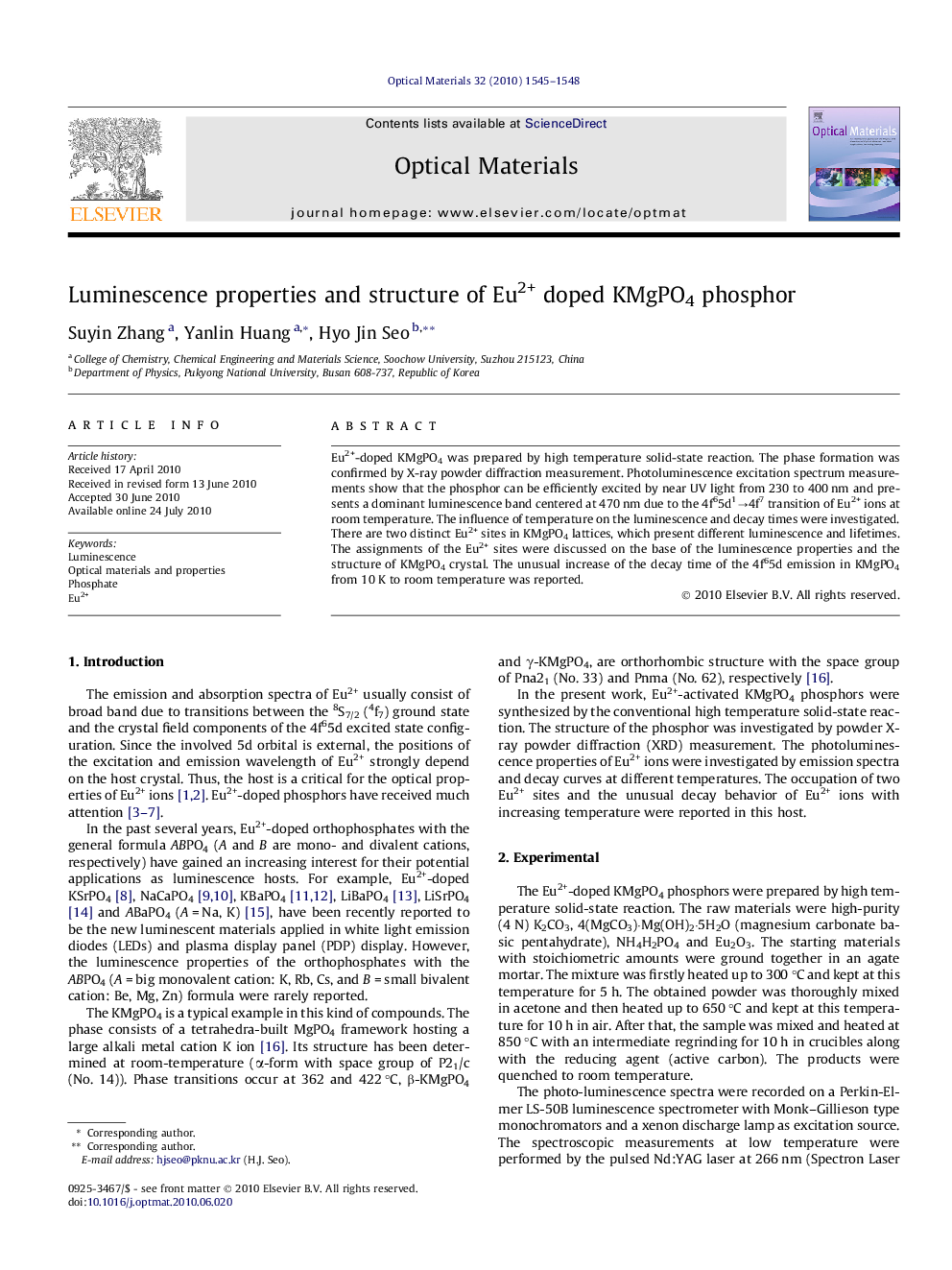 Luminescence properties and structure of Eu2+ doped KMgPO4 phosphor