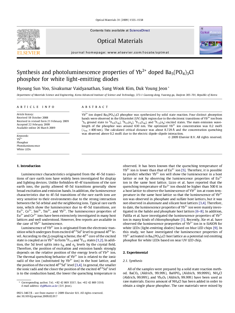 عکس صفحه اول مقاله: Synthesis and photoluminescence properties of Yb2+ doped Ba5(PO4)3Cl phosphor for white light-emitting diodes Synthesis and photoluminescence properties of Yb2+ doped Ba5(PO4)3Cl phosphor for white light-emitting diodes