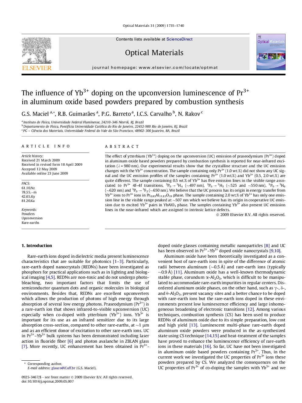 The influence of Yb3+ doping on the upconversion luminescence of Pr3+ in aluminum oxide based powders prepared by combustion synthesis