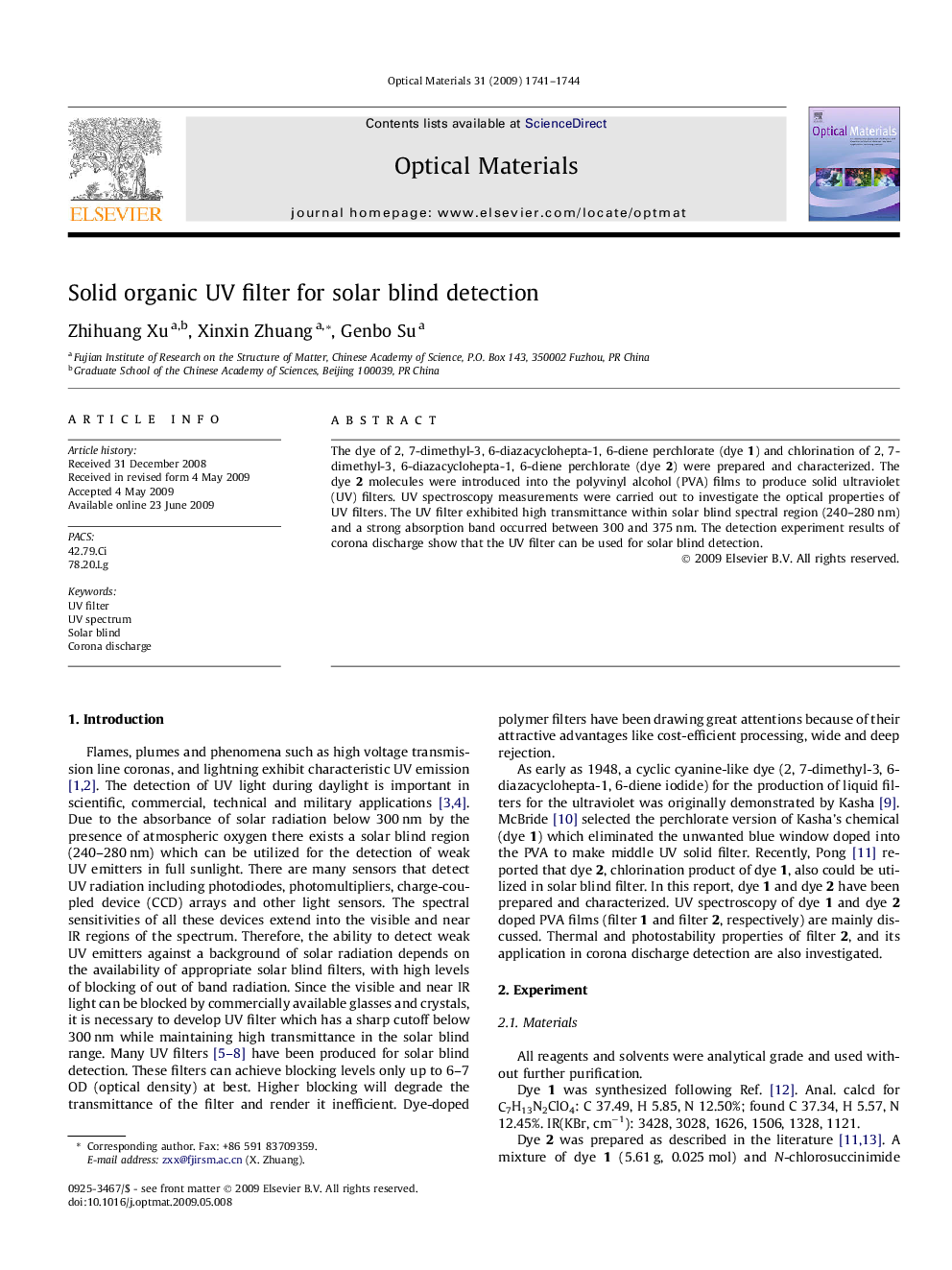 Solid organic UV filter for solar blind detection