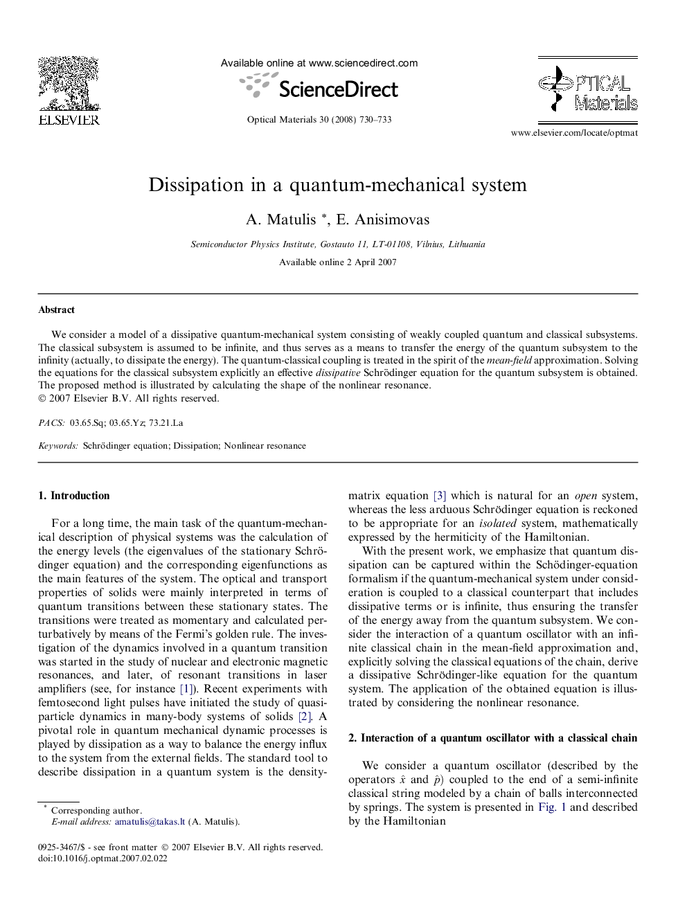 Dissipation in a quantum-mechanical system