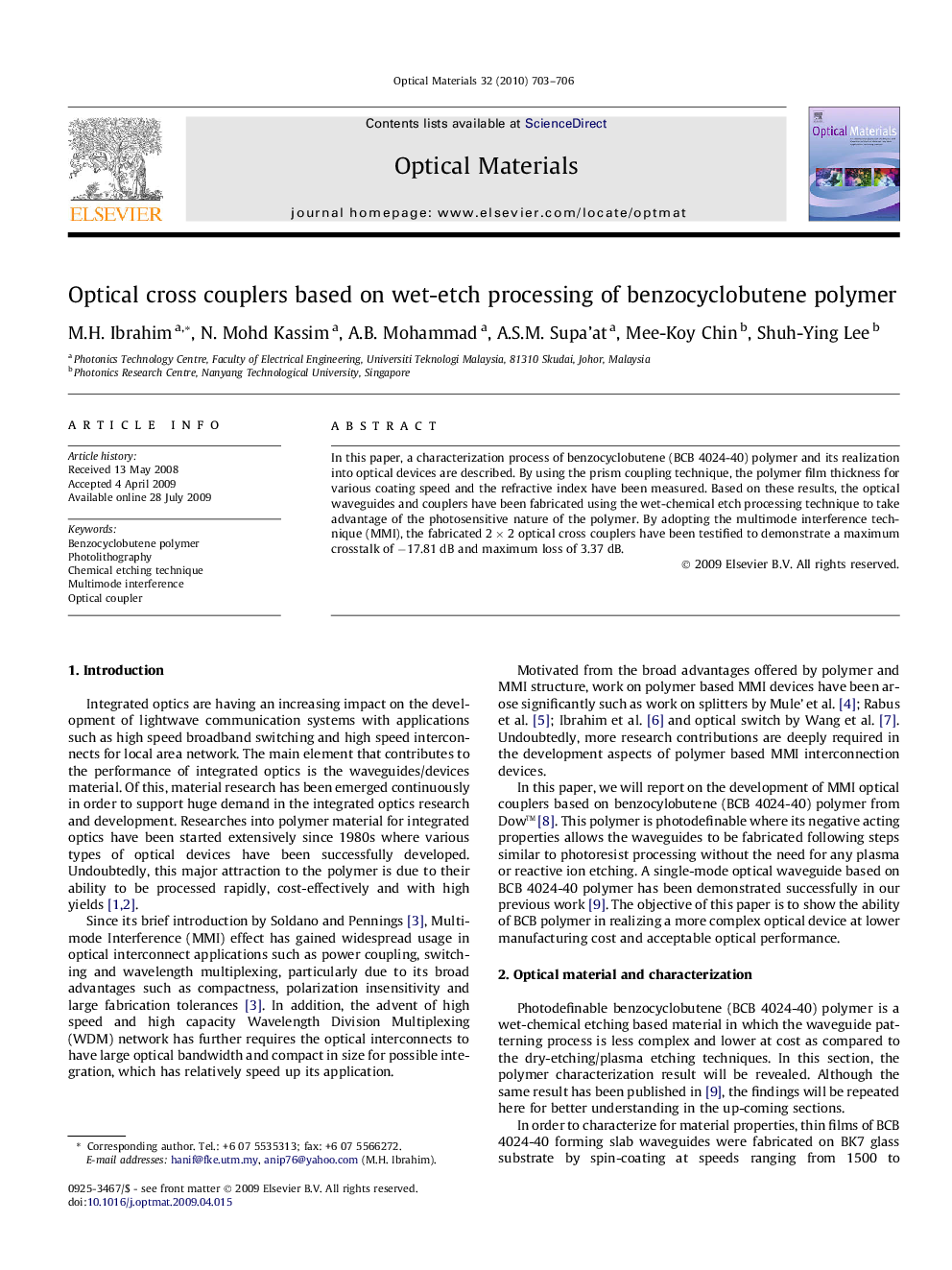 Optical cross couplers based on wet-etch processing of benzocyclobutene polymer