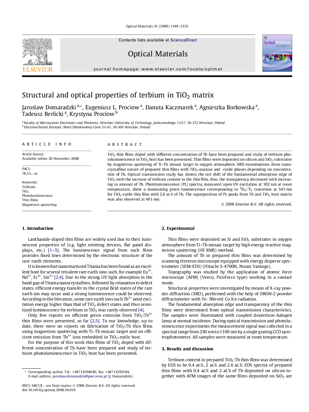 Structural and optical properties of terbium in TiO2 matrix
