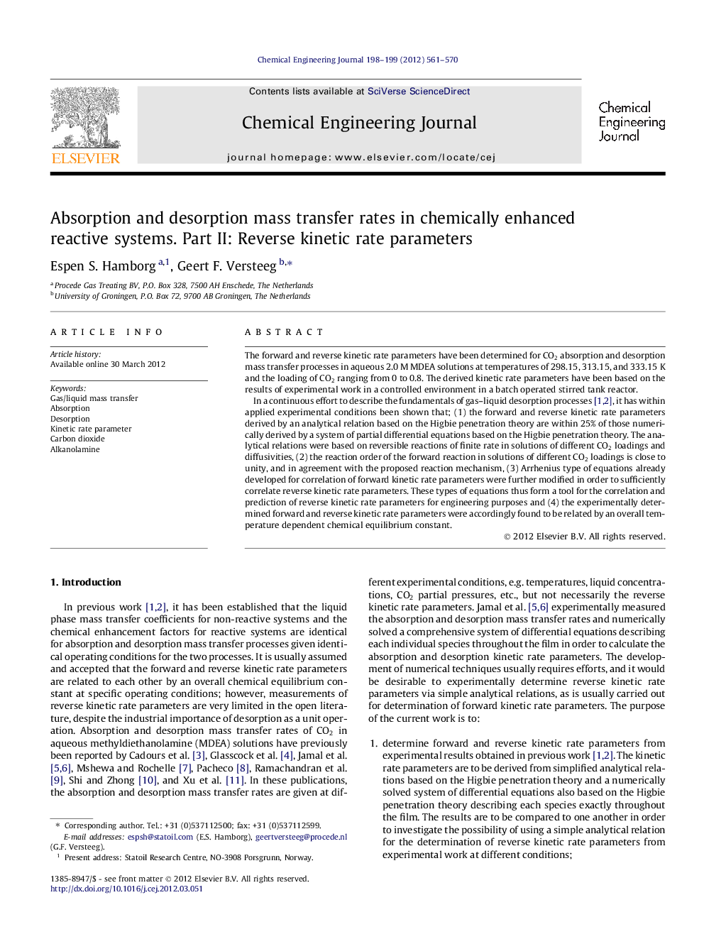 Absorption and desorption mass transfer rates in chemically enhanced reactive systems. Part II: Reverse kinetic rate parameters