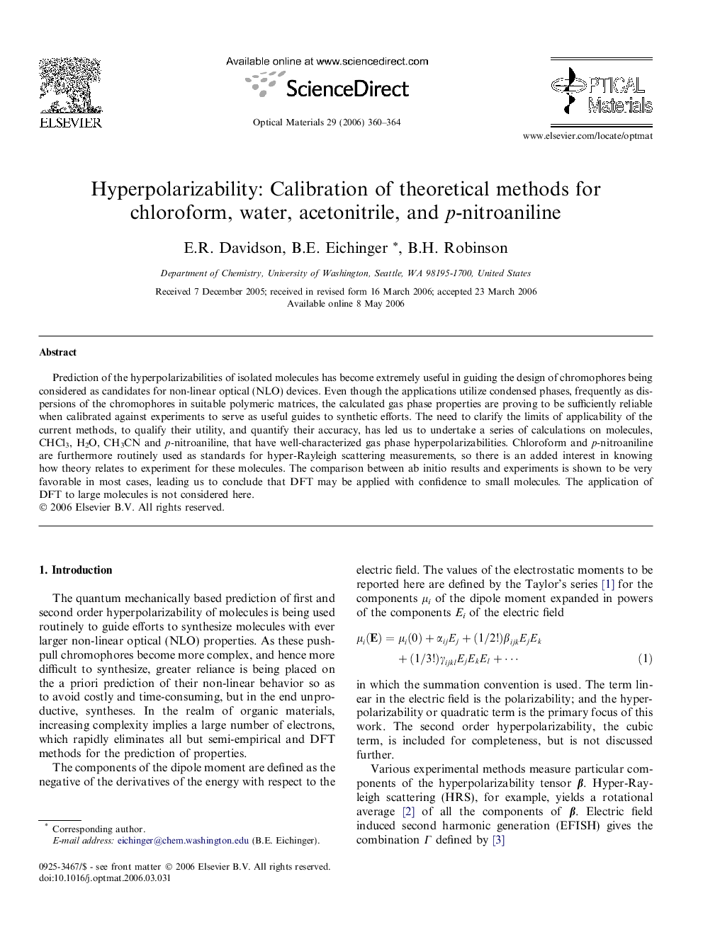 عکس صفحه اول مقاله: Hyperpolarizability: Calibration of theoretical methods for chloroform, water, acetonitrile, and p-nitroaniline Hyperpolarizability: Calibration of theoretical methods for chloroform, water, acetonitrile, and p-nitroaniline