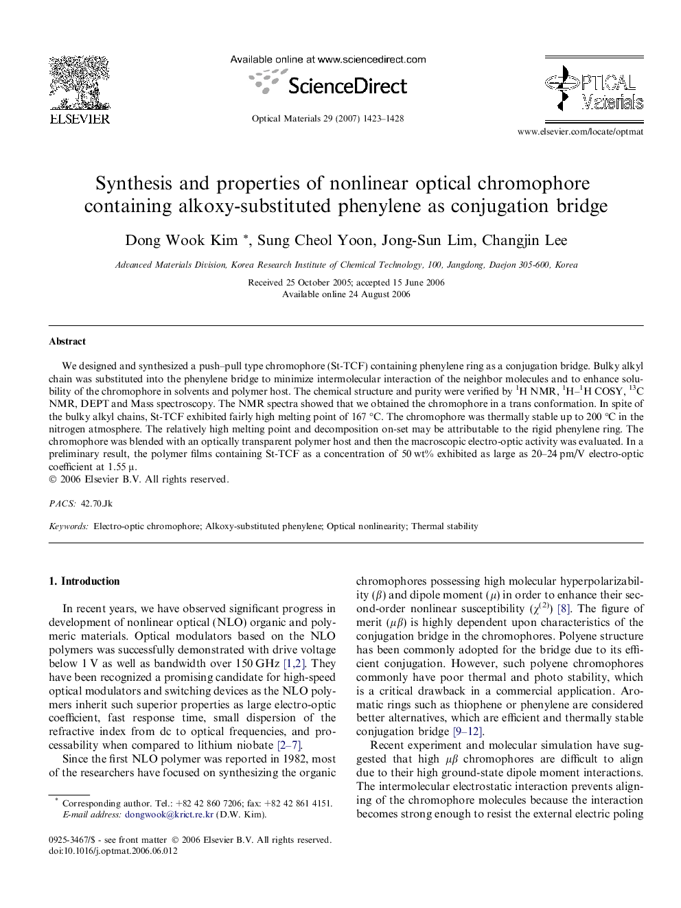 Synthesis and properties of nonlinear optical chromophore containing alkoxy-substituted phenylene as conjugation bridge