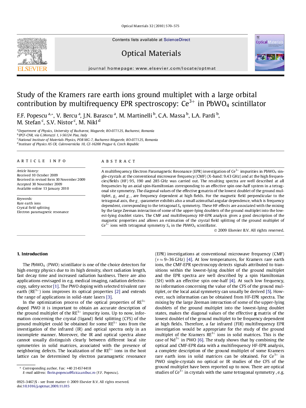 Study of the Kramers rare earth ions ground multiplet with a large orbital contribution by multifrequency EPR spectroscopy: Ce3+ in PbWO4 scintillator