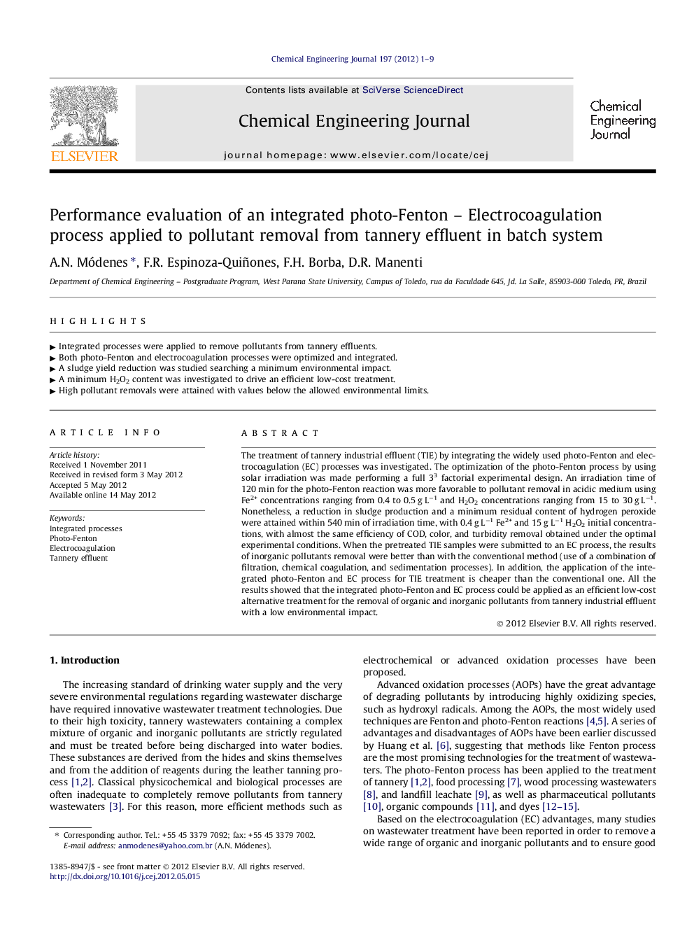 Performance evaluation of an integrated photo-Fenton – Electrocoagulation process applied to pollutant removal from tannery effluent in batch system